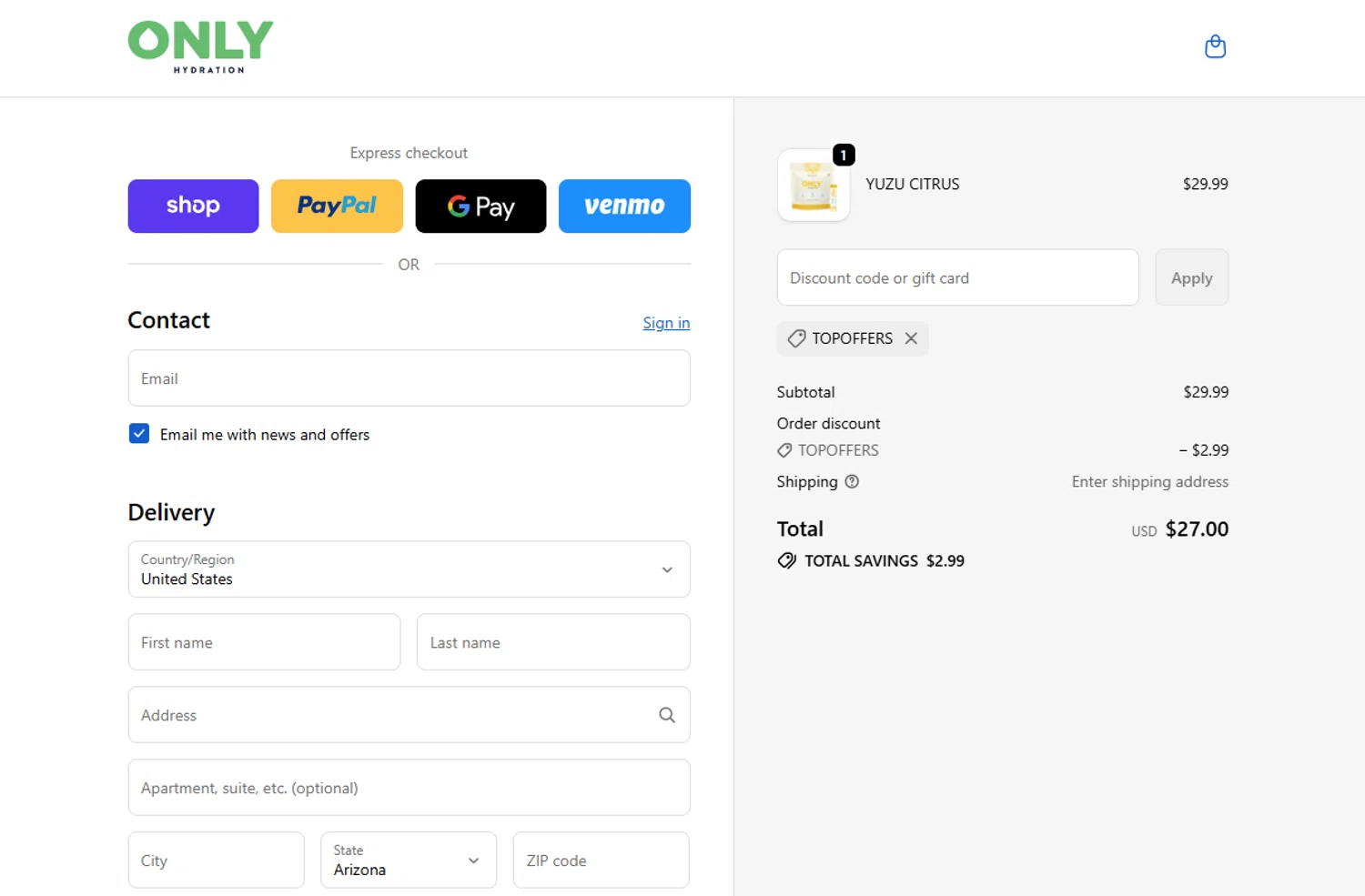 ONLY Hydration promo code screenshot showing code TOPOFFERS applied at ONLY Hydration checkout page. Uploaded by SimplyCodes community member VictoriousFinder8211 on Nov 8, 2025