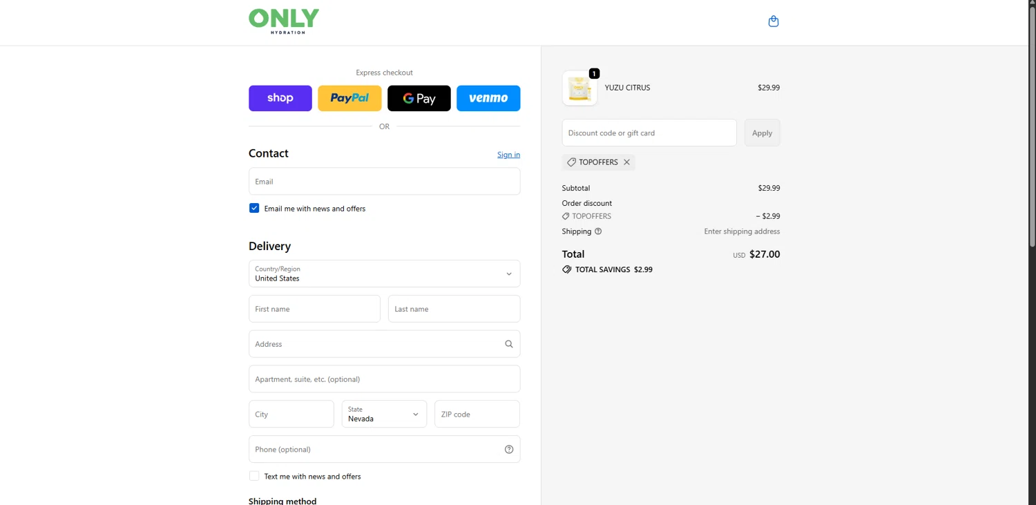 ONLY Hydration promo code screenshot showing code TOPOFFERS applied at ONLY Hydration checkout page. Uploaded by SimplyCodes community member WonderVirtuoso3484 on Nov 28, 2025