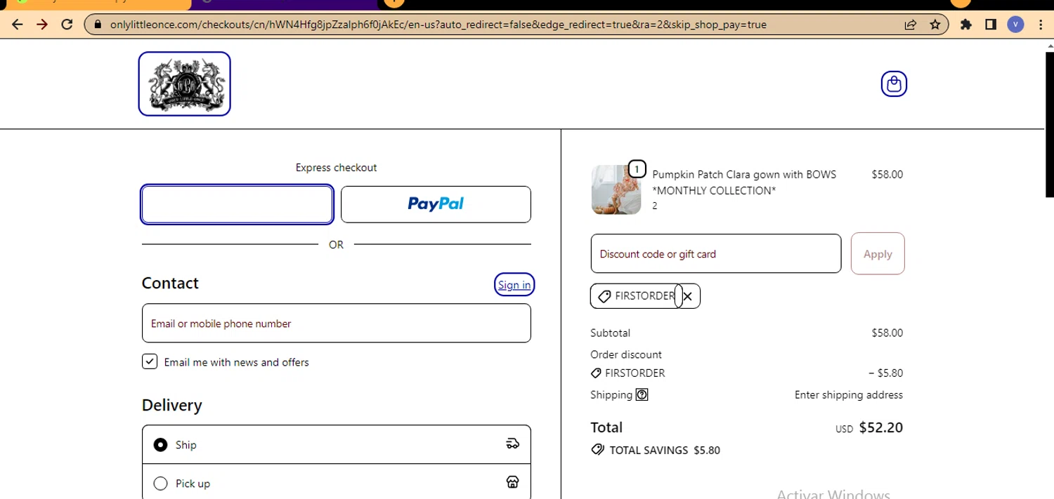 Only Little Once coupon code screenshot showing code FIRSTORDER applied at Only Little Once checkout page. Uploaded by SimplyCodes community member beatrizcastillo on Oct 19, 2025