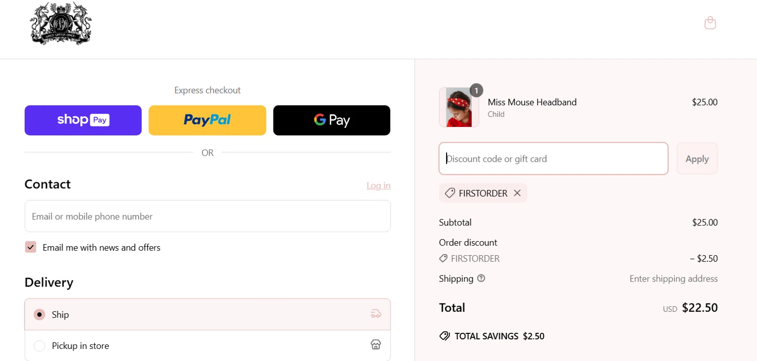 Only Little Once coupon code screenshot showing code FIRSTORDER applied at Only Little Once checkout page. Uploaded by SimplyCodes community member enzoonova on Mar 31, 2025