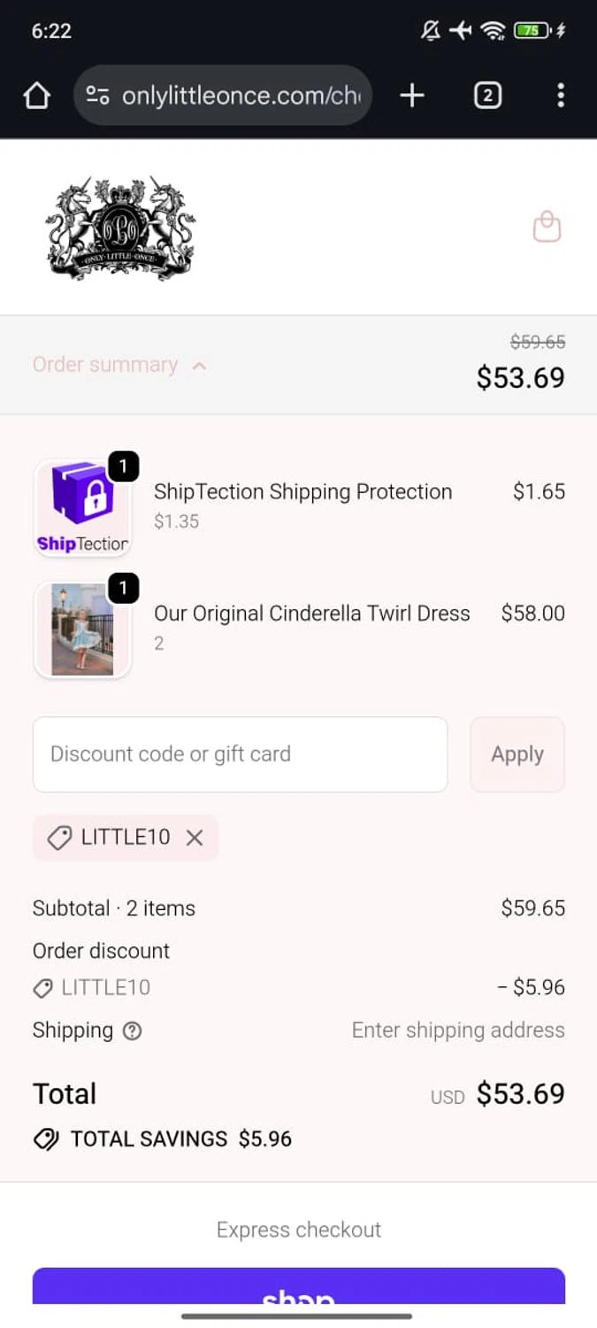 Only Little Once coupon code screenshot showing code LITTLE10 applied at Only Little Once checkout page. Uploaded by SimplyCodes community member RoyalSpotter5217 on Feb 18, 2026