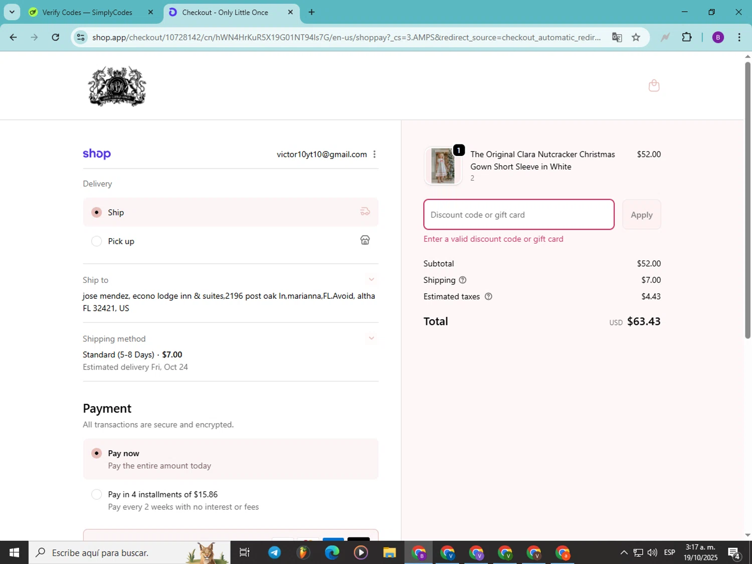 Only Little Once coupon code screenshot showing code LITTLE10 applied at Only Little Once checkout page. Uploaded by SimplyCodes community member Soyvictor on Oct 19, 2025