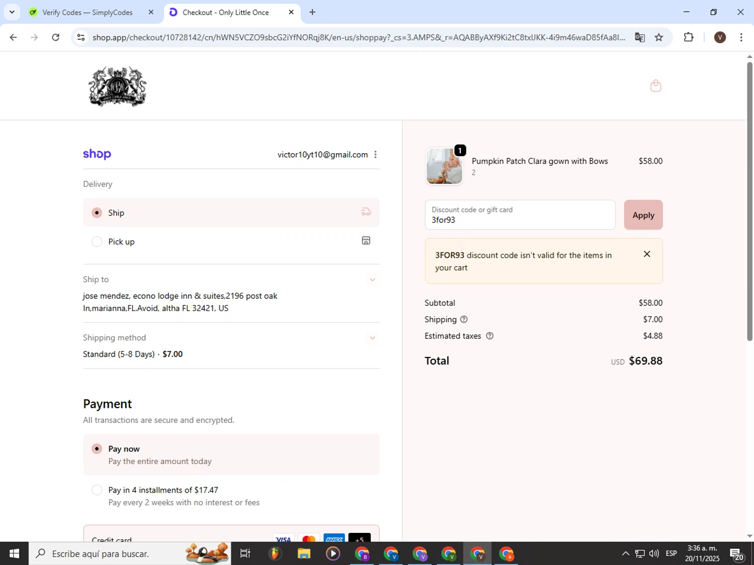 Only Little Once coupon code screenshot showing code 3for93 applied at Only Little Once checkout page. Uploaded by SimplyCodes community member CashLion3448 on Nov 20, 2025