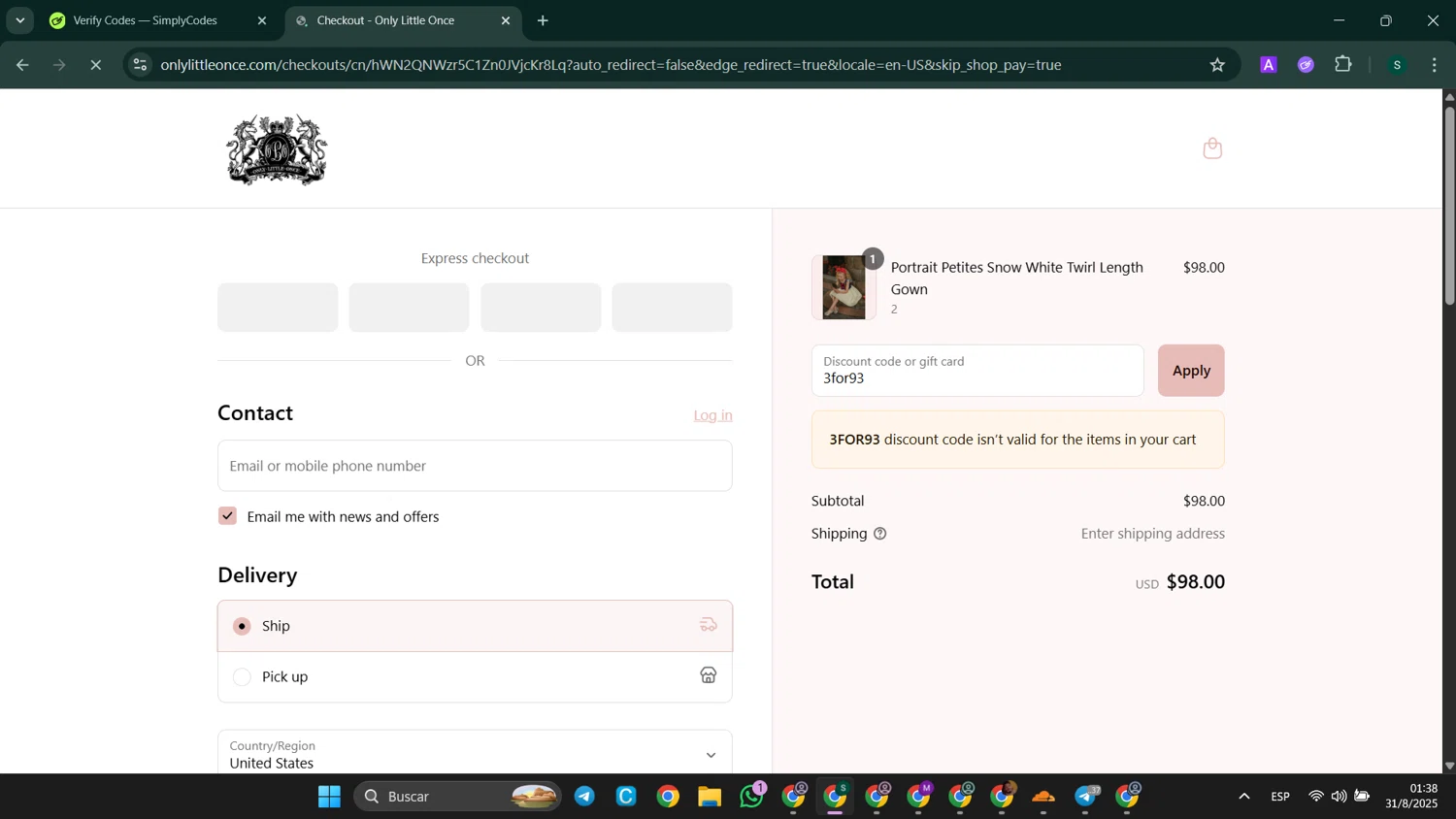 Only Little Once coupon code screenshot showing code 3for93 applied at Only Little Once checkout page. Uploaded by SimplyCodes community member SaleHunter9008 on Aug 31, 2025