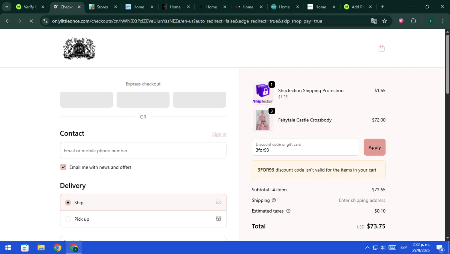 Only Little Once coupon code screenshot showing code 3for93 applied at Only Little Once checkout page. Uploaded by SimplyCodes community member rodri1 on Sep 29, 2025