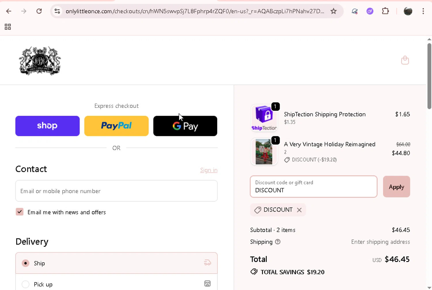 Only Little Once coupon code screenshot showing code DISCOUNT applied at Only Little Once checkout page. Uploaded by SimplyCodes community member onebullet on Nov 30, 2025