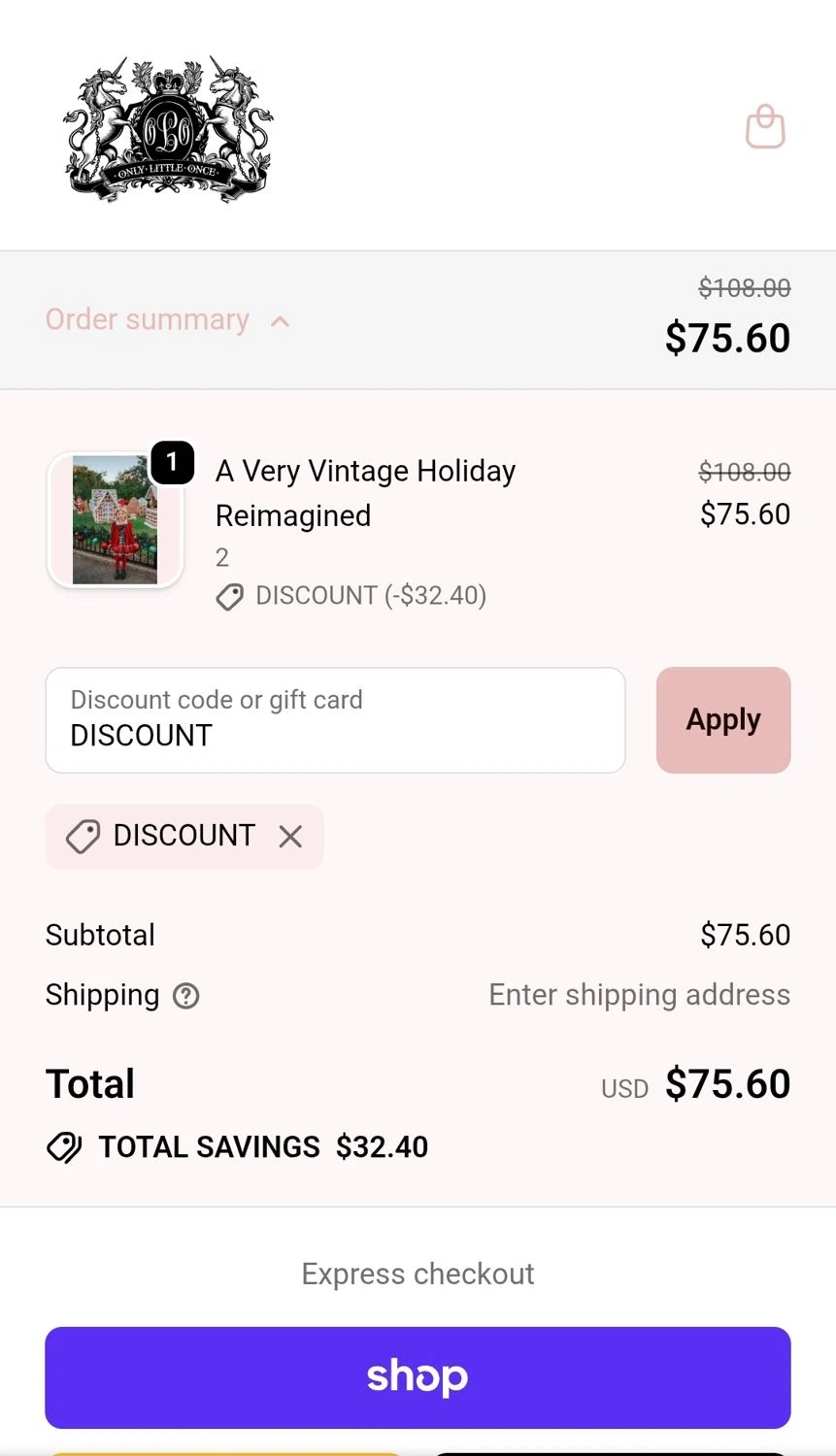 Only Little Once coupon code screenshot showing code DISCOUNT applied at Only Little Once checkout page. Uploaded by SimplyCodes community member JuanMonge on Nov 13, 2025