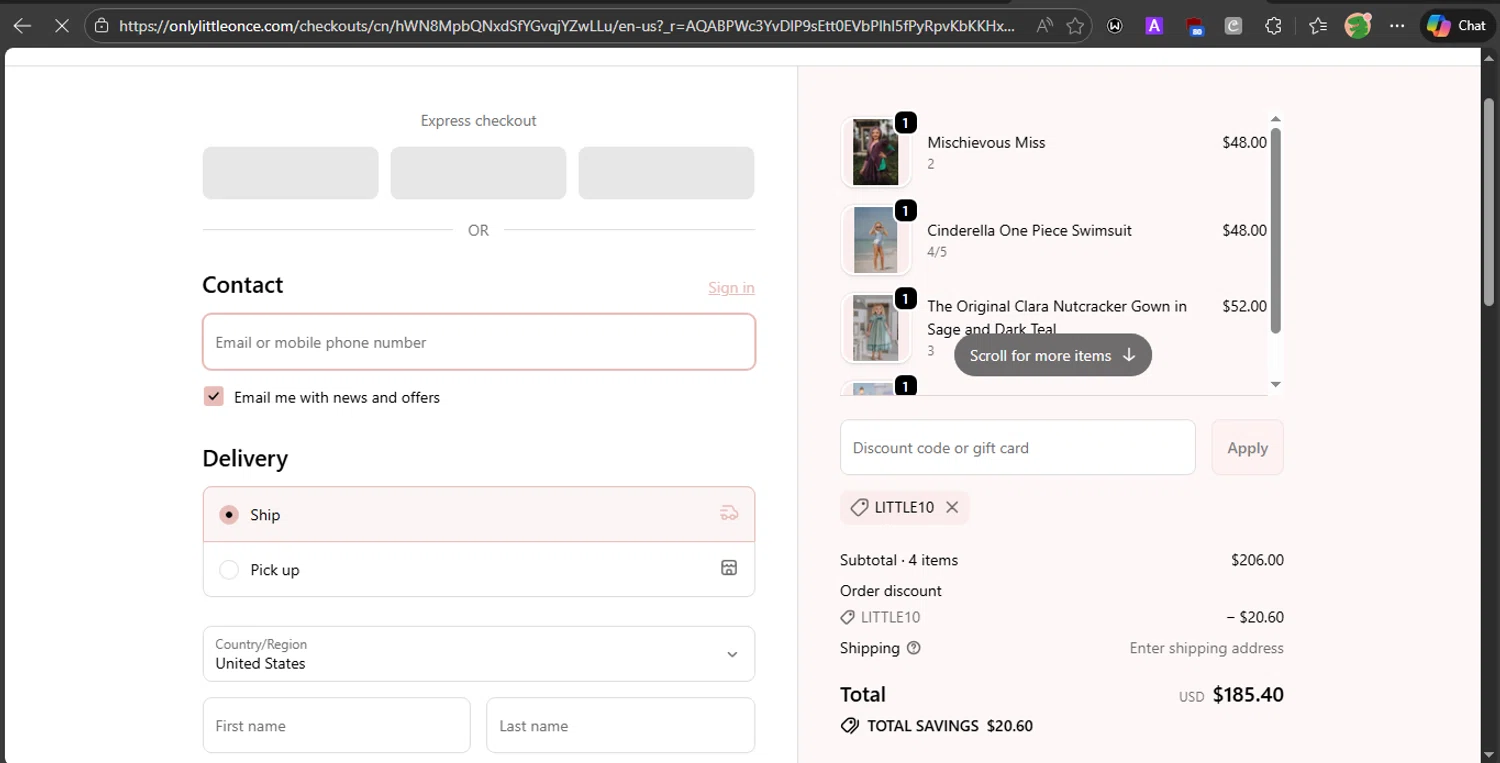 Only Little Once coupon code screenshot showing code LITTLE10 applied at Only Little Once checkout page. Uploaded by SimplyCodes community member PrincessCoupon on Feb 3, 2026