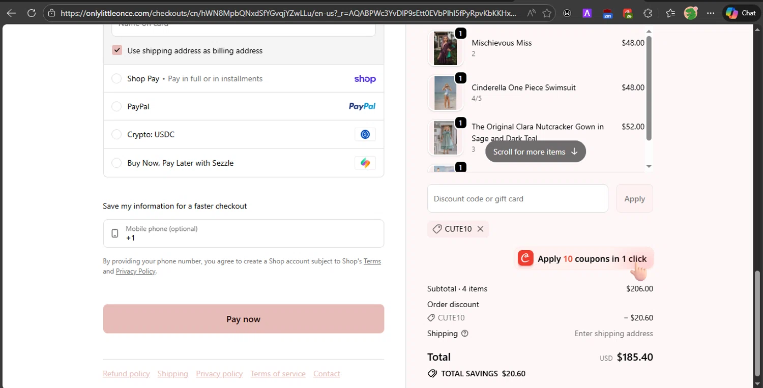 Only Little Once coupon code screenshot showing code CUTE10 applied at Only Little Once checkout page. Uploaded by SimplyCodes community member PrincessCoupon on Feb 3, 2026