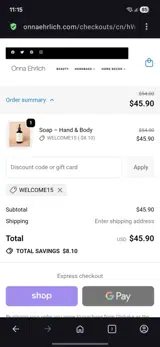 Welcome15 coupon verification screenshot