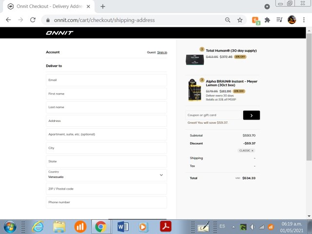 Onnit checkout page showing Onnit promo code box | Screenshot taken by SimplyCodes community member on May 1, 2021