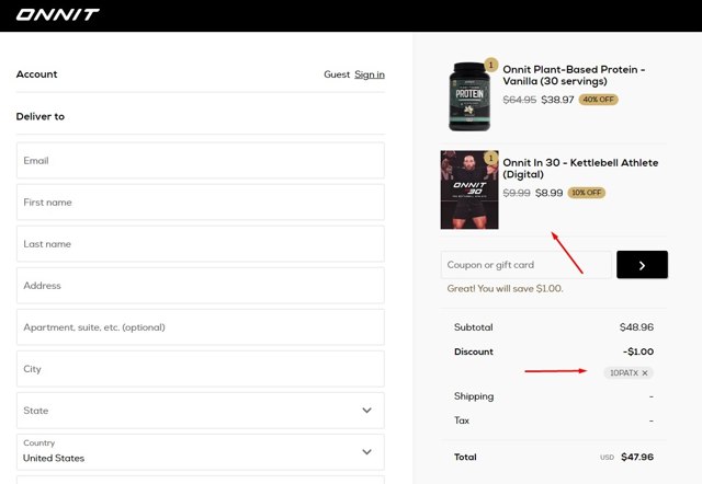 Onnit checkout page showing Onnit promo code box | Screenshot taken by SimplyCodes community member on May 5, 2021