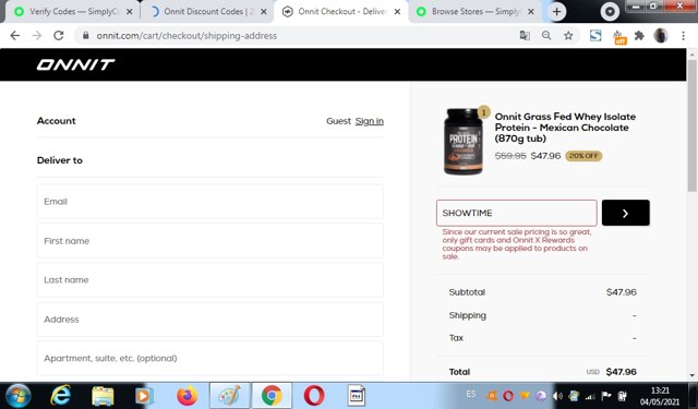 Onnit checkout page showing Onnit promo code box | Screenshot taken by SimplyCodes community member on May 4, 2021