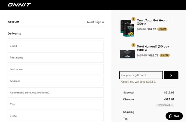 Onnit checkout page showing Onnit promo code box | Screenshot taken by SimplyCodes community member on Apr 21, 2021