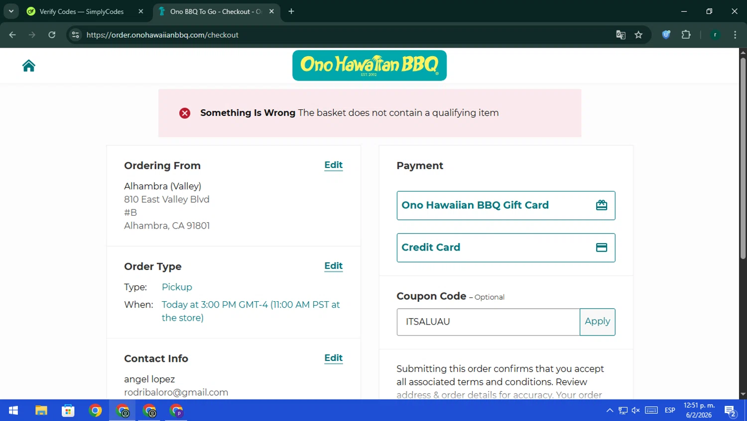 Ono Hawaiian BBQ promo code screenshot showing code ITSALUAU applied at Ono Hawaiian BBQ checkout page. Uploaded by SimplyCodes community member rodri1 on Feb 6, 2026