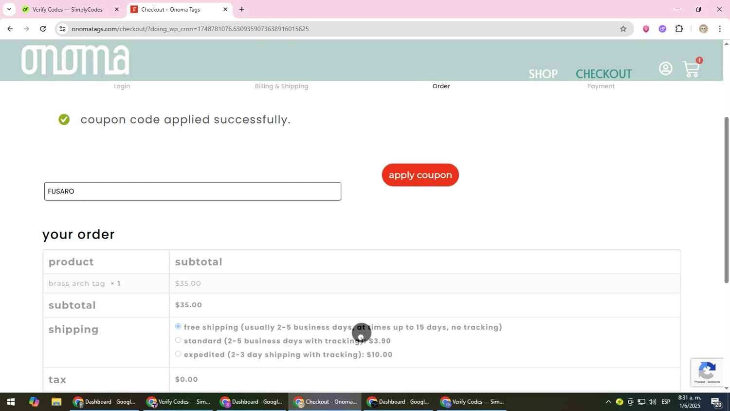 Onoma Tags promo code screenshot showing code FUSARO applied at Onoma Tags checkout page. Uploaded by SimplyCodes community member NobleScholar4826 on Jun 1, 2025