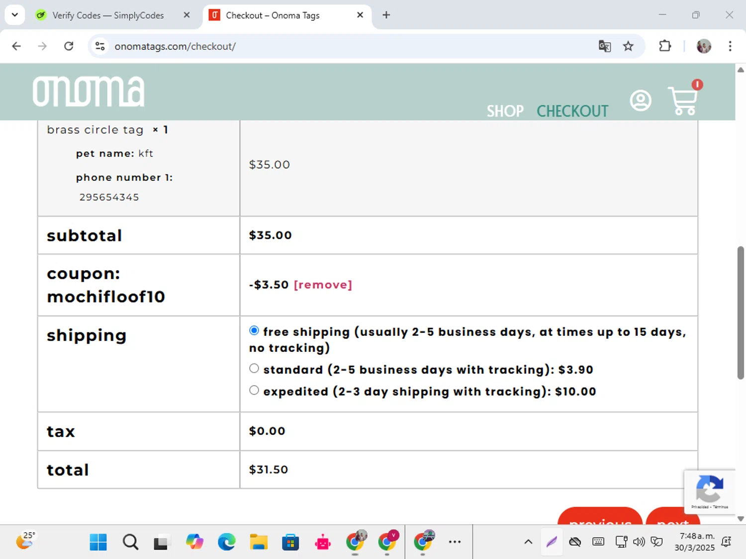 Onoma Tags promo code screenshot showing code MOCHIFLOOF10 applied at Onoma Tags checkout page. Uploaded by SimplyCodes community member karolg on Mar 30, 2025