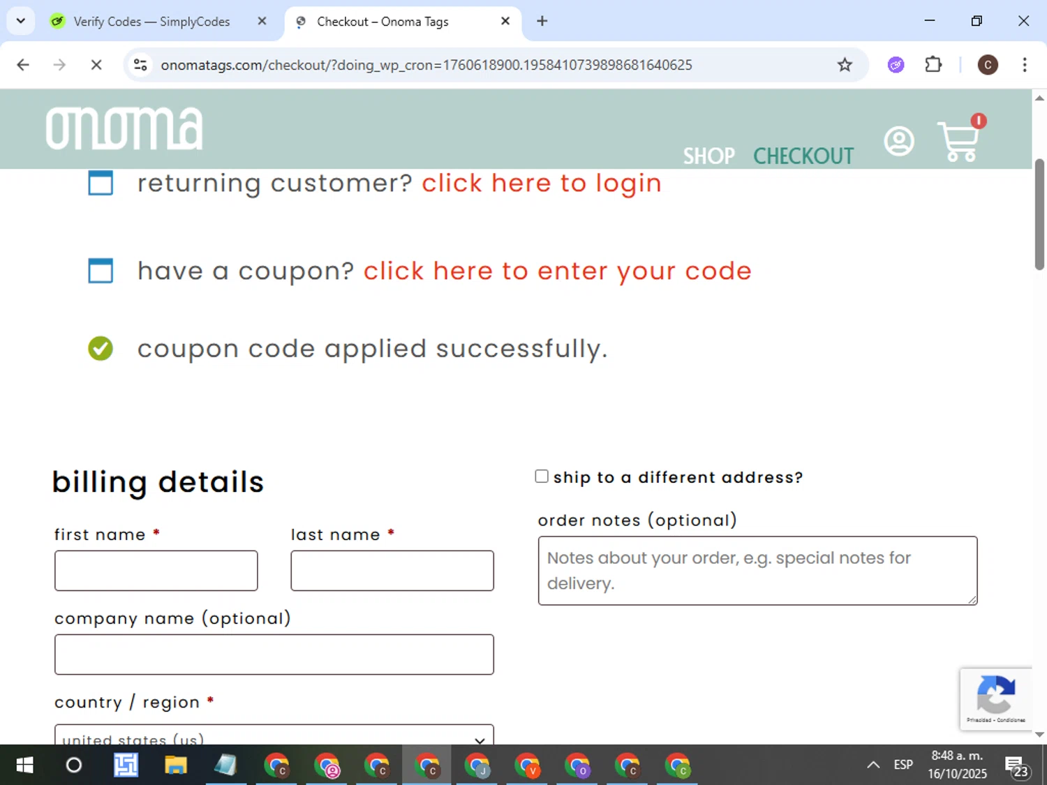 Onoma Tags promo code screenshot showing code Lucuma10 applied at Onoma Tags checkout page. Uploaded by SimplyCodes community member VictorL on Oct 16, 2025