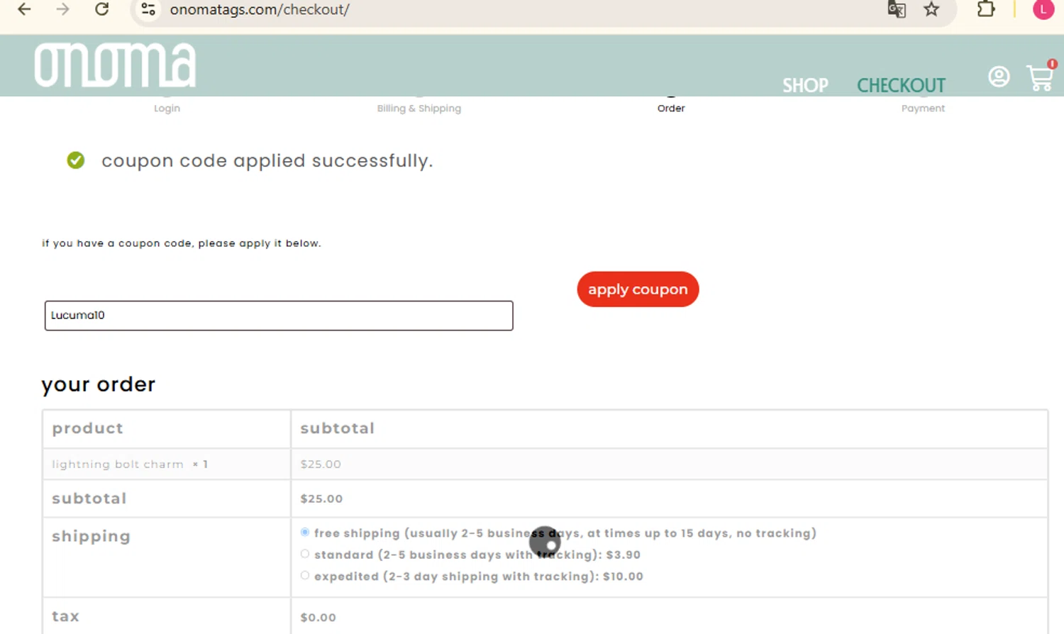 Onoma Tags promo code screenshot showing code Lucuma10 applied at Onoma Tags checkout page. Uploaded by SimplyCodes community member RewardFinder4836 on Mar 30, 2025