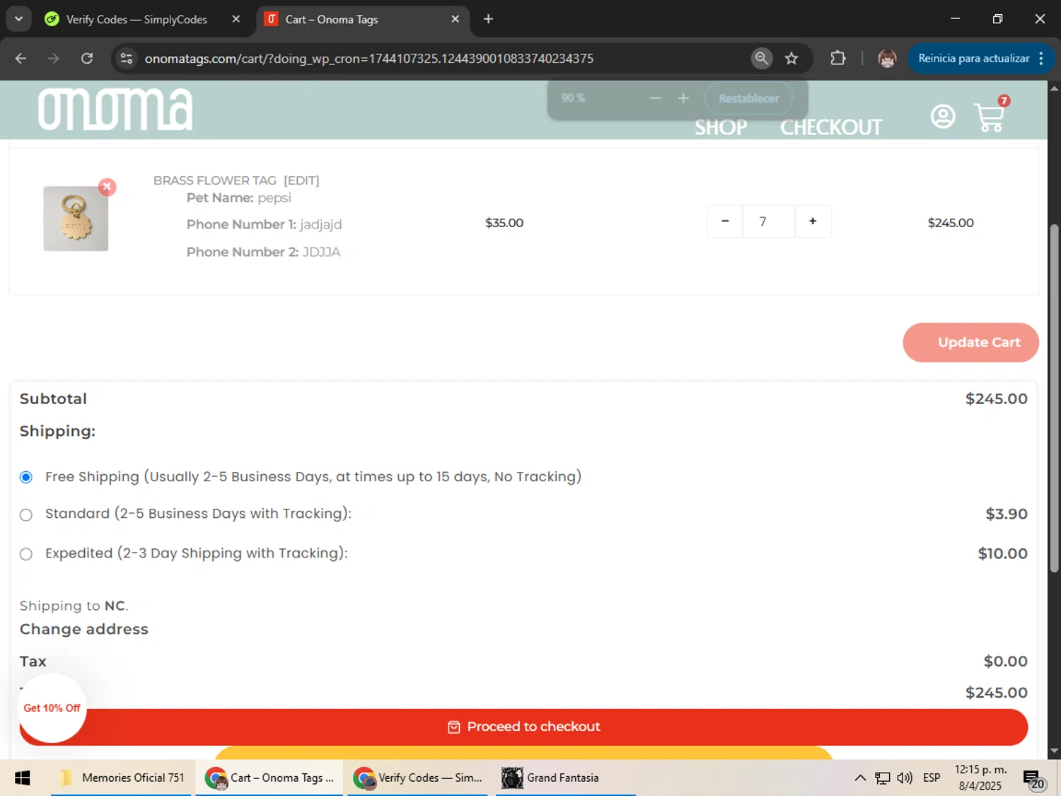Onoma Tags promo code screenshot showing code SPHYNX10 applied at Onoma Tags checkout page. Uploaded by SimplyCodes community member Jepsii on Apr 8, 2025