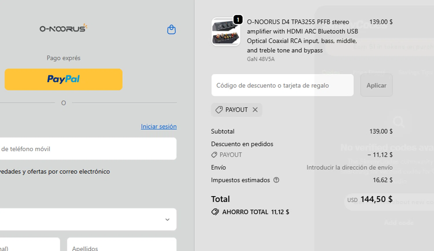 Onoorus Audio promo code screenshot showing code PAYOUT applied at Onoorus Audio checkout page. Uploaded by SimplyCodes community member yeresojperez on Oct 22, 2025