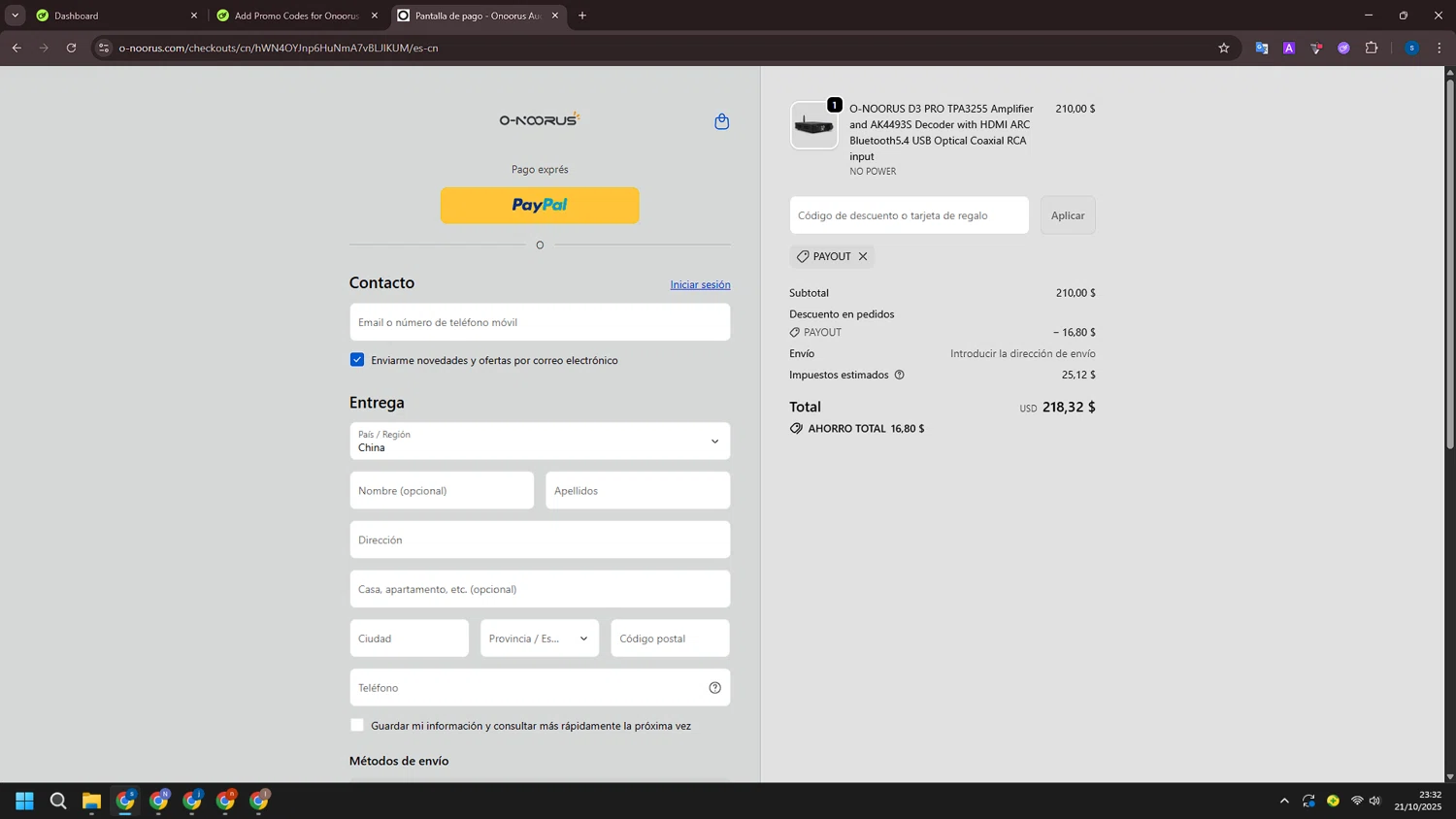 Onoorus Audio promo code screenshot showing code PAYOUT applied at Onoorus Audio checkout page. Uploaded by SimplyCodes community member ExtraordinarySleuth4345 on Oct 22, 2025