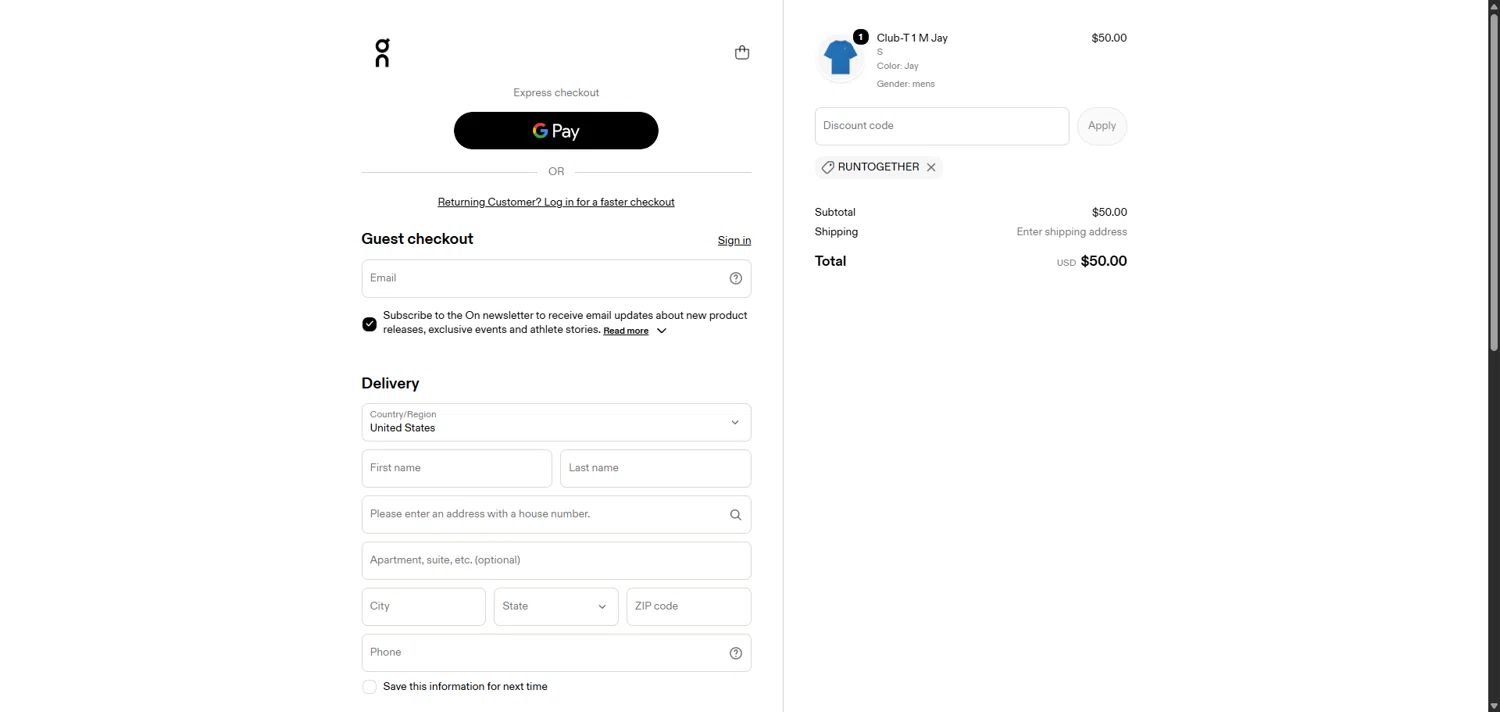 Verification screenshot for 30% Off Select Items at On Running - 24d ago