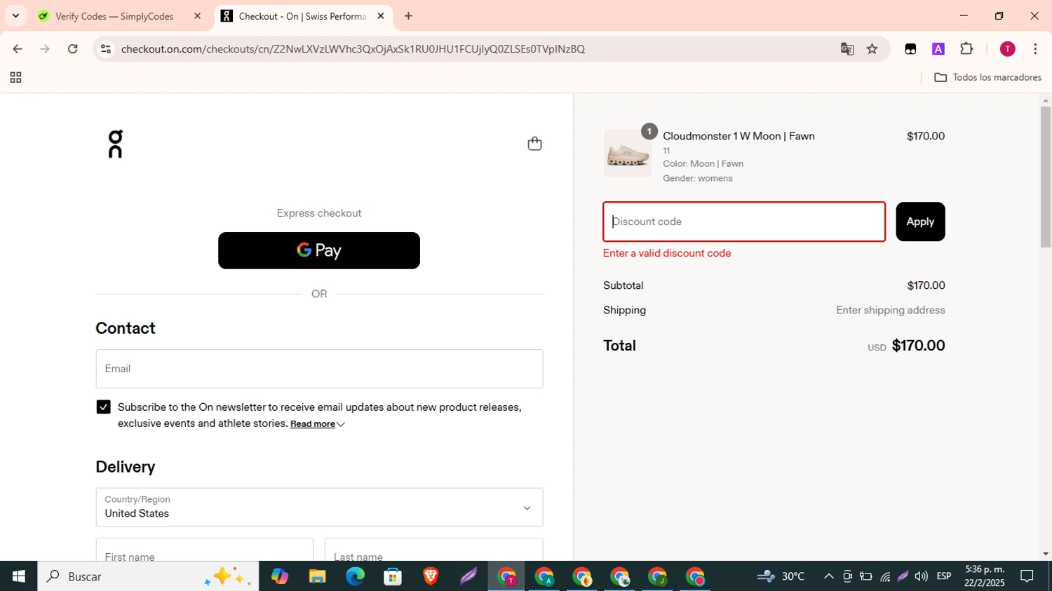 On Running promo code screenshot showing code RICHROLL10 applied at On Running checkout page. Uploaded by SimplyCodes community member SavvyLynx7166 on Feb 22, 2025