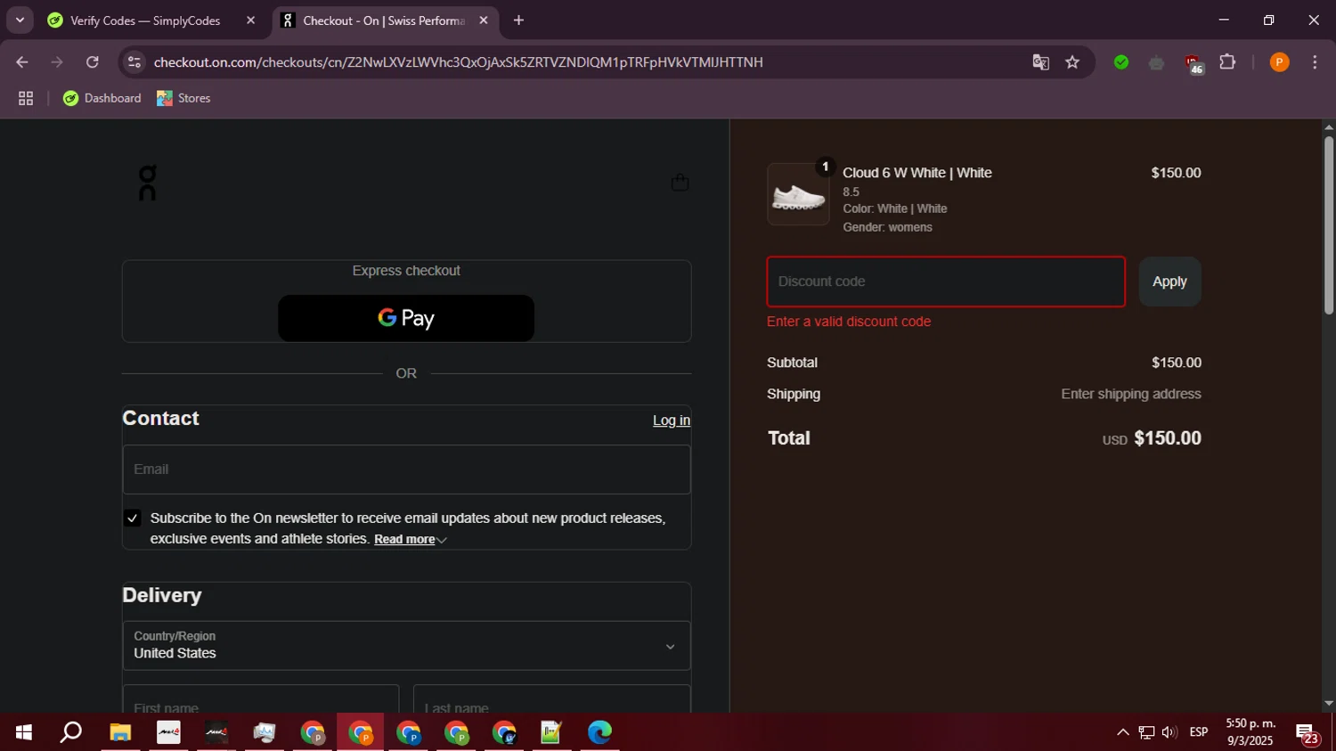 On Running promo code screenshot showing code RICHROLL10 applied at On Running checkout page. Uploaded by SimplyCodes community member ValiantLegend7294 on Mar 9, 2025