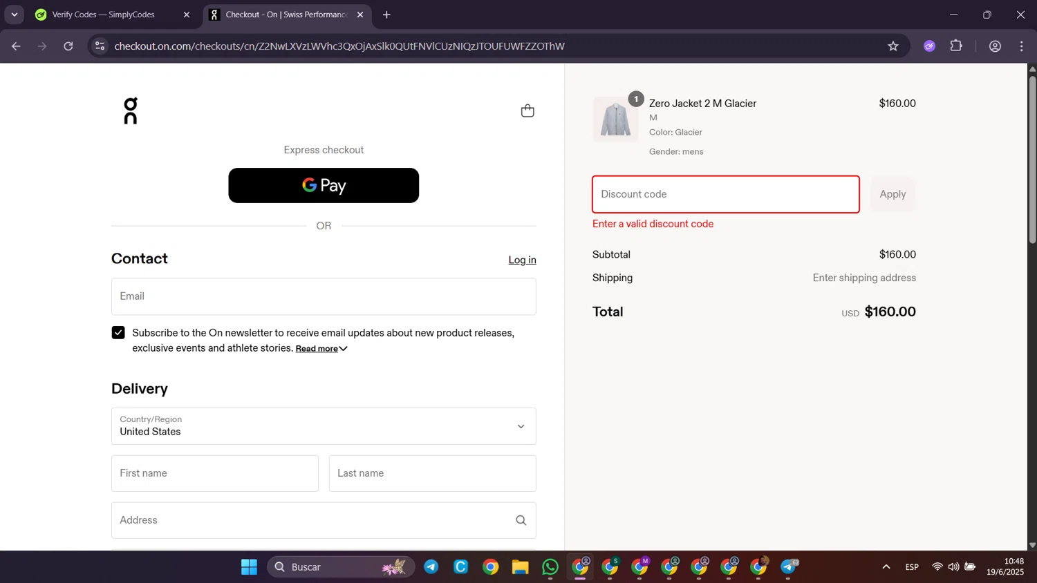 On Running promo code screenshot showing code GET10OFF applied at On Running checkout page. Uploaded by SimplyCodes community member Puppet on Jun 19, 2025