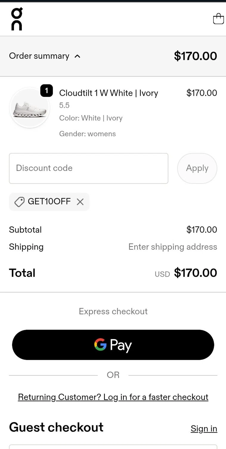 Verification screenshot for 10% Off Storewide at On Running — 4d ago