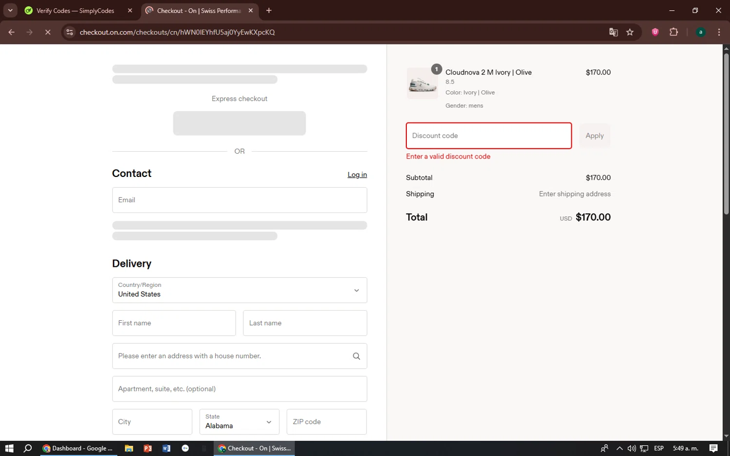 On Running promo code screenshot showing code ON20FF_25_NIOO7NX63B applied at On Running checkout page. Uploaded by SimplyCodes community member zizu55 on Jul 18, 2025