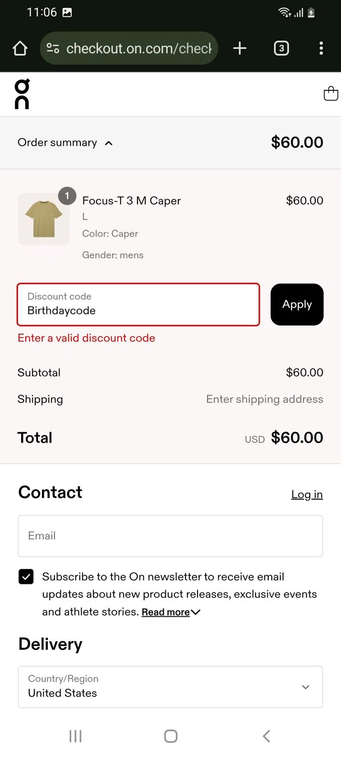 On Running promo code screenshot showing code Birthdaycode applied at On Running checkout page. Uploaded by SimplyCodes community member tulioriera on Jun 6, 2025