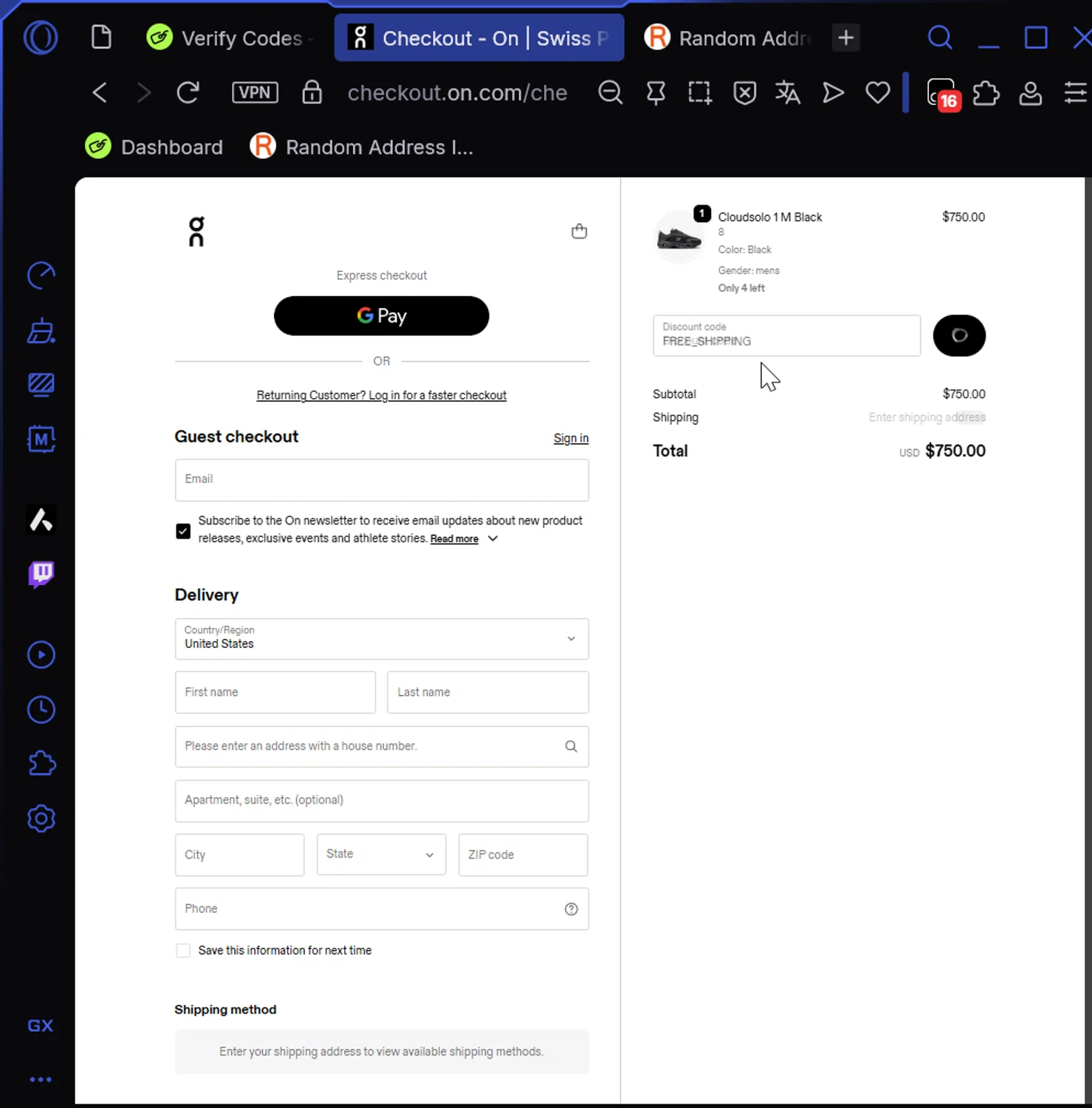 Verification screenshot for Free Shipping On Storewide (Shipping Adress) at On Running — 33d ago