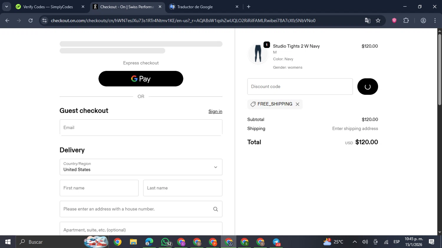 On Running promo code screenshot showing code FREE_SHIPPING applied at On Running checkout page. Uploaded by SimplyCodes community member GloriousDefender7889 on Jan 16, 2026