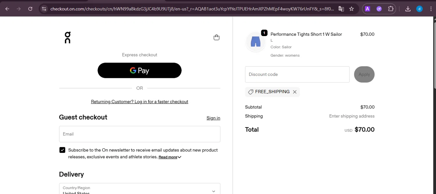 On Running promo code screenshot showing code FREE_SHIPPING applied at On Running checkout page. Uploaded by SimplyCodes community member ShieldKnight4744 on Feb 24, 2026