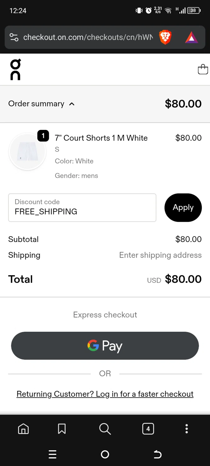 Verification screenshot for Free Shipping On Storewide (Shipping Adress) at On Running — 1d ago