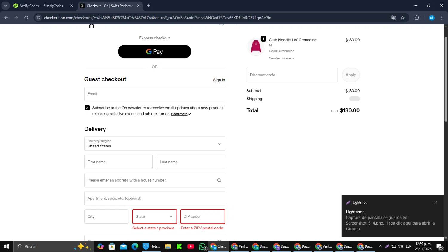 On Running checkout page showing On Running promo code box | Screenshot taken by SimplyCodes community member on Nov 23, 2025