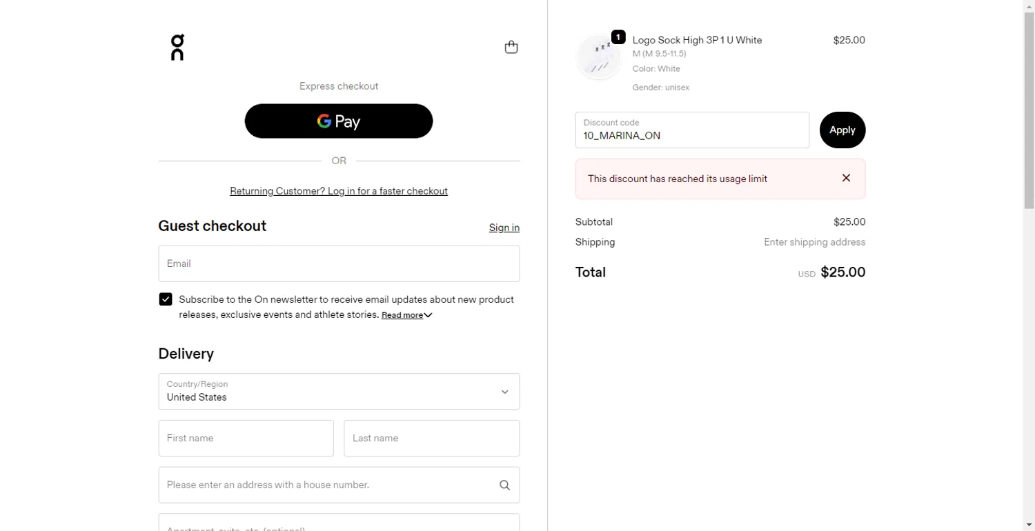 Verification screenshot for 10% Off Storewide (minimum Order $100) at On Running — 6mo ago