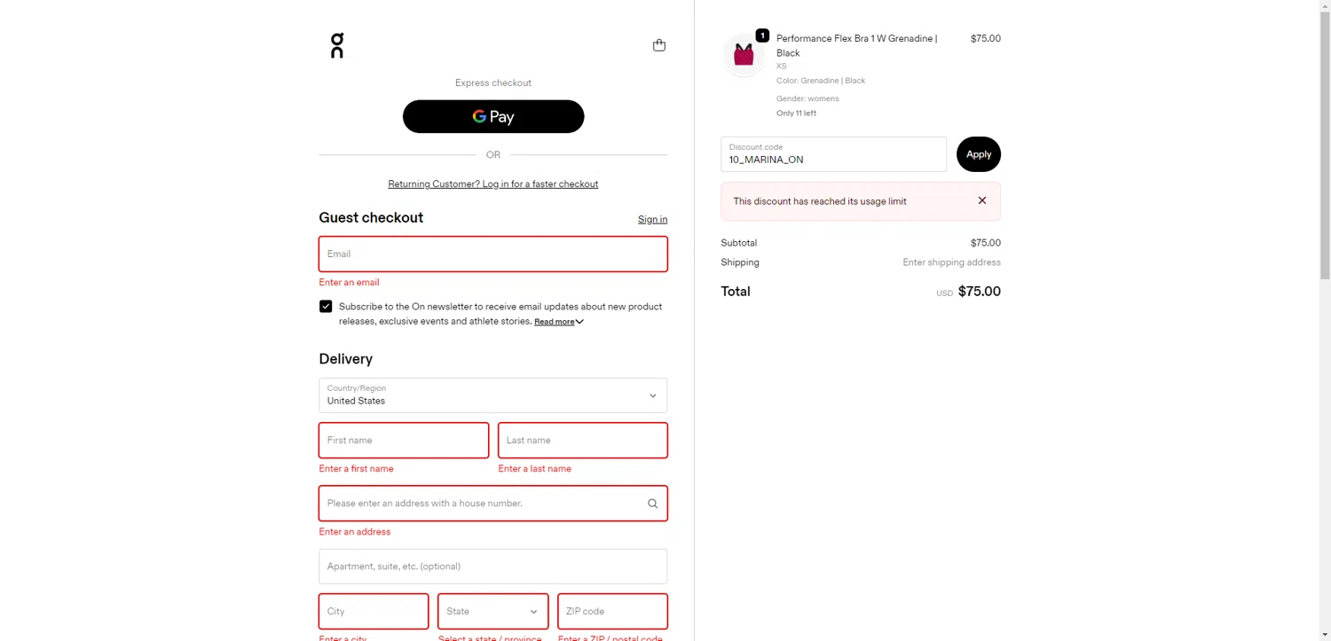 Verification screenshot for 10% Off Storewide (minimum Order $100) at On Running — 6mo ago