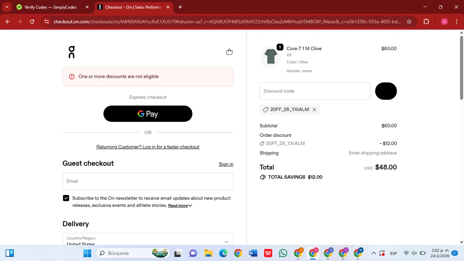 On Running checkout page showing On Running promo code box | Screenshot taken by SimplyCodes community member on Feb 24, 2026
