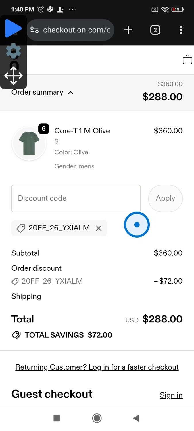On Running promo code screenshot showing code 20FF_26_YXIALM applied at On Running checkout page. Uploaded by SimplyCodes community member Papiex on Feb 21, 2026