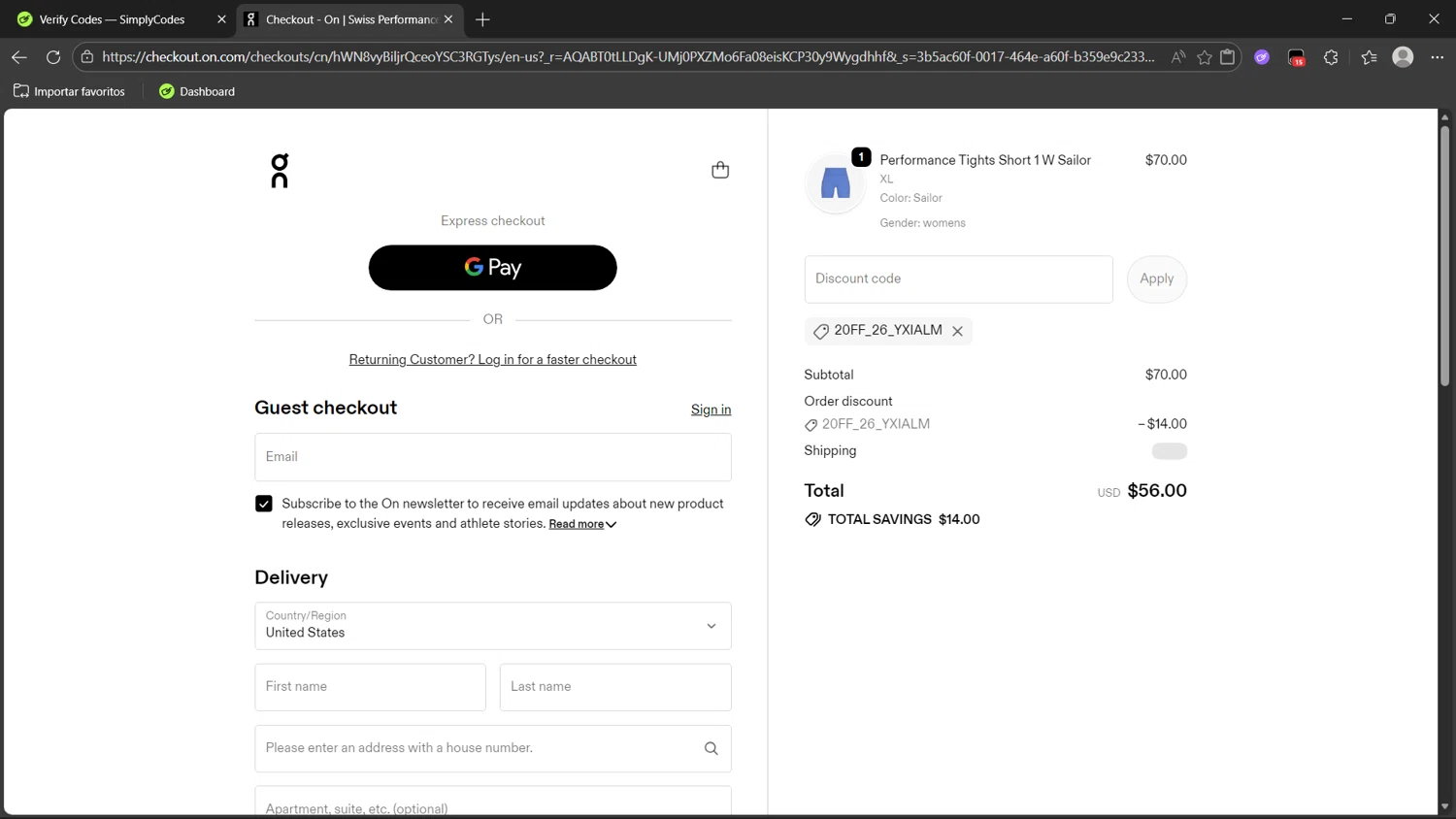 On Running checkout page showing On Running promo code box | Screenshot taken by SimplyCodes community member on Feb 18, 2026