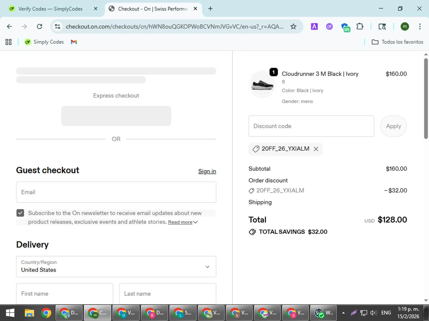 On Running checkout page showing On Running promo code box | Screenshot taken by SimplyCodes community member on Feb 15, 2026