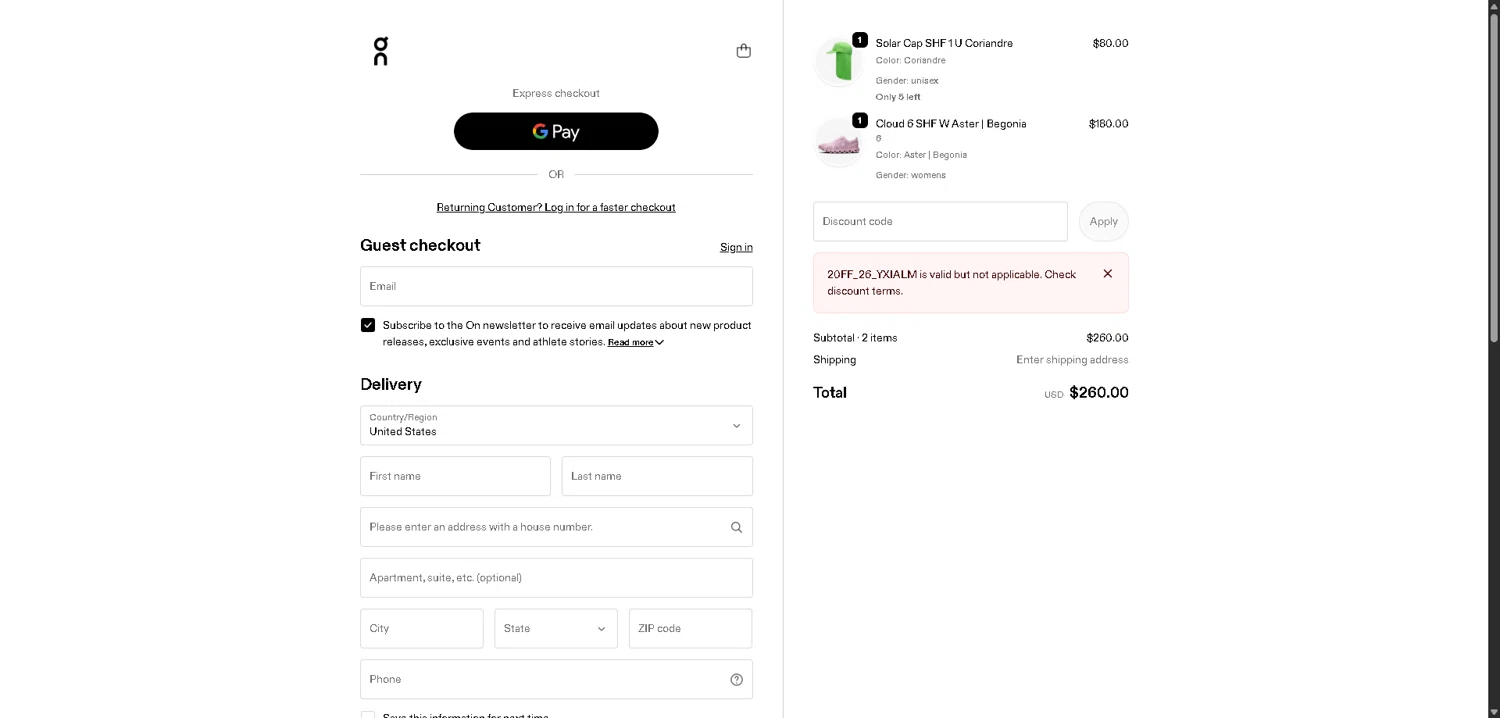On Running checkout page showing On Running promo code box | Screenshot taken by SimplyCodes community member on Feb 6, 2026