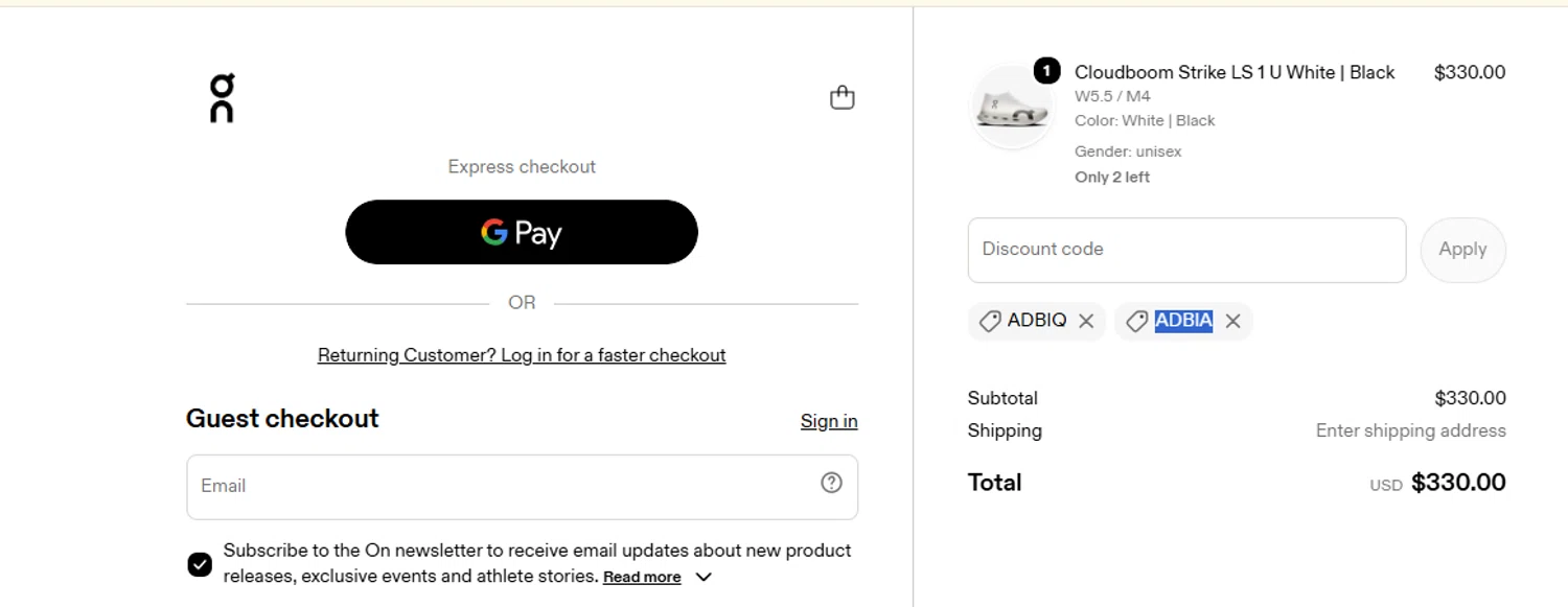 Verification screenshot for Free Shipping Storewide at On Running - 19d ago