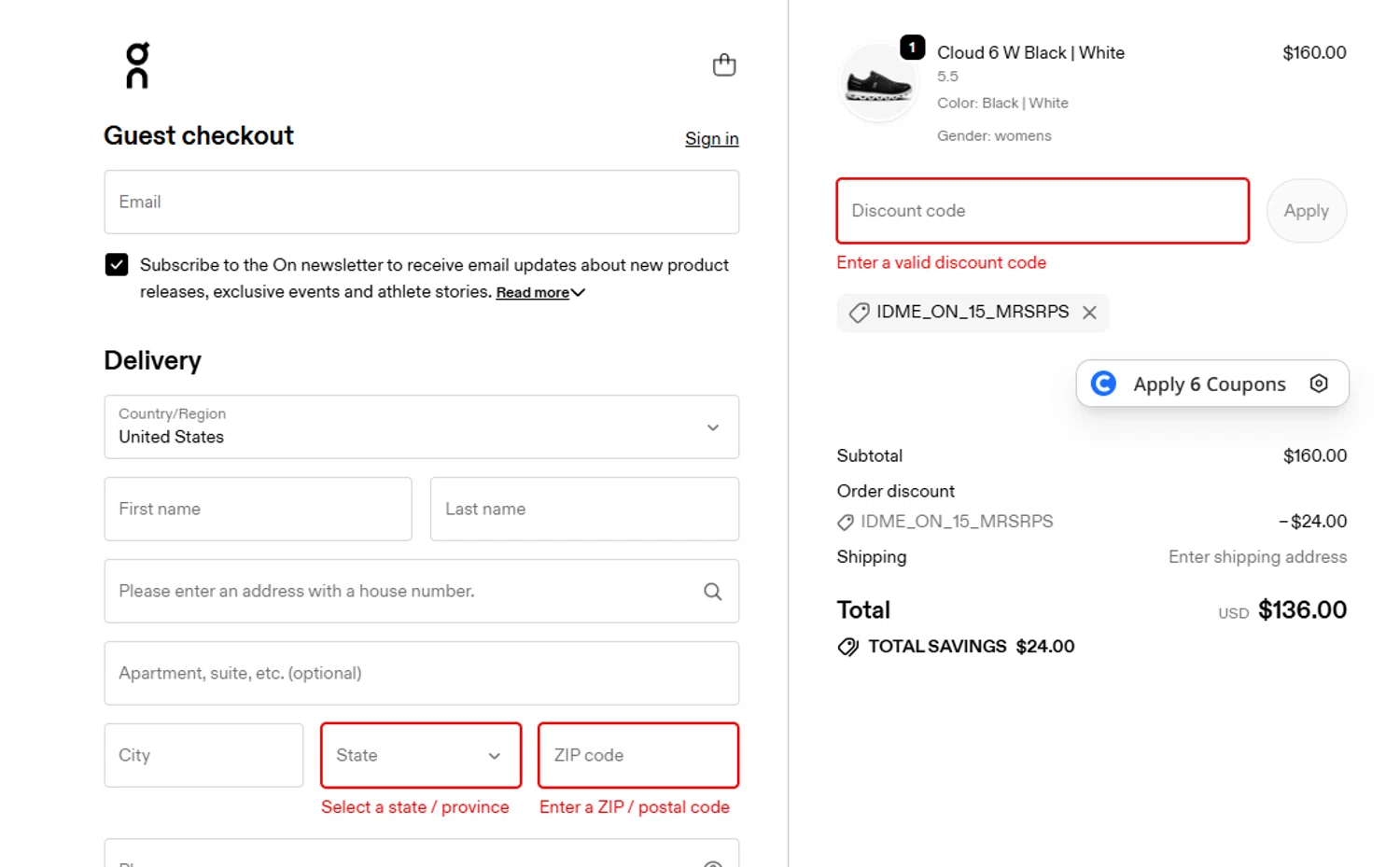 On Running promo code screenshot showing code IDME_ON_15_MRSRPS applied at On Running checkout page. Uploaded by SimplyCodes community member ricardoramirez1 on Nov 14, 2025