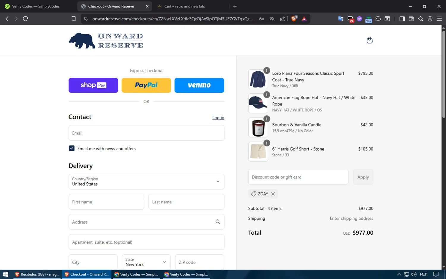 Onward Reserve discount code screenshot showing code 2day applied at Onward Reserve checkout page. Uploaded by SimplyCodes community member ShieldElite2370 on Jul 8, 2025