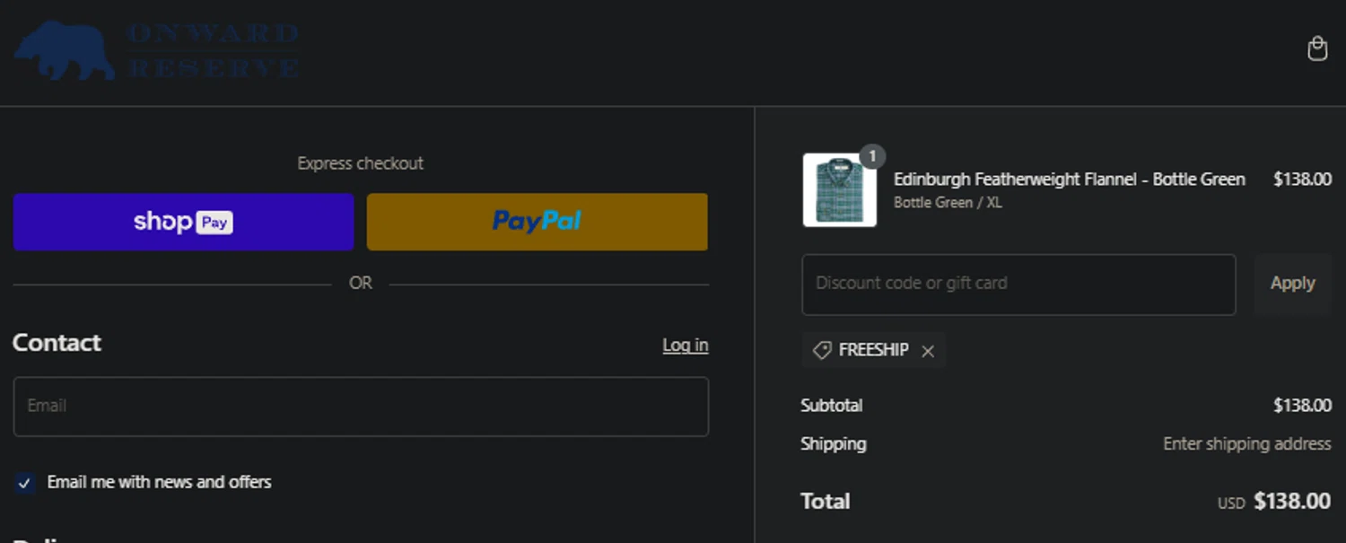 Onward Reserve discount code screenshot showing code FREESHIP applied at Onward Reserve checkout page. Uploaded by SimplyCodes community member idkxxx on Dec 30, 2024