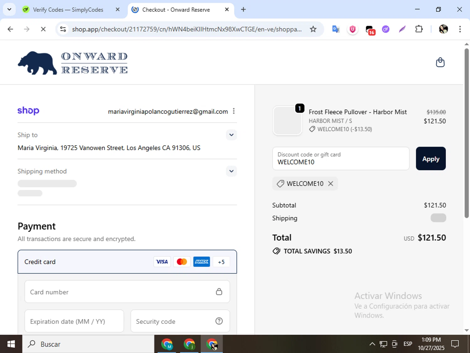 Onward Reserve discount code screenshot showing code WELCOME10 applied at Onward Reserve checkout page. Uploaded by SimplyCodes community member mariapolancog on Oct 27, 2025